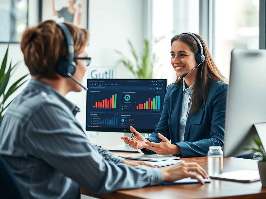 A support specialist on a call with a client, providing