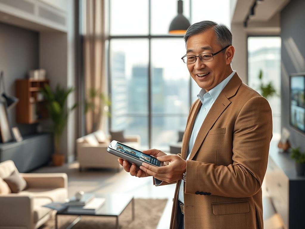 Create a highly realistic high-resolution photo that embodies the theme of "Impact of AI Automation on Realtors." The composition should be simple and clear, featuring a single subject: a confident, professional realtor standing in a modern office environment. The realtor, a middle-aged individual of Asian descent, should be engaged in a conversation over a tablet, showcasing the use of AI technology in their work.

The background should depict a stylish, contemporary office space, with sleek furniture, lar