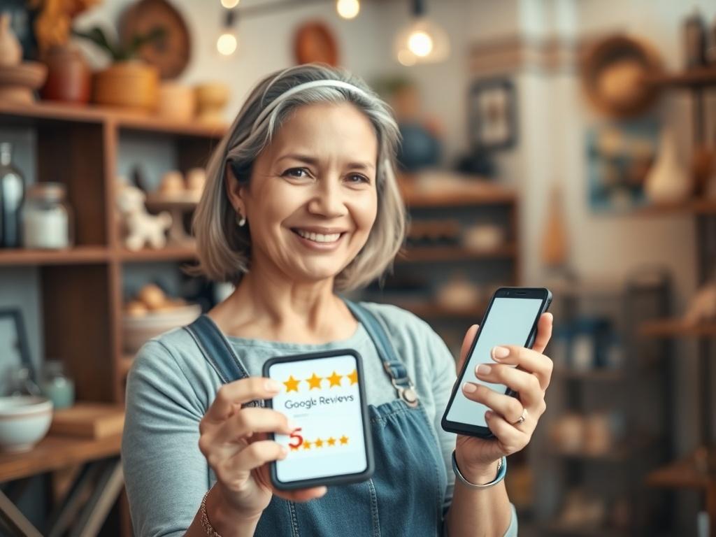 Create a realistic, high-resolution photo that encapsulates the concept of "Google Reviews Boost Sales." The image should feature a close-up shot of a satisfied business owner, a middle-aged Hispanic woman, standing in her cozy, well-decorated storefront, with an engaging smile on her face. She should be holding a smartphone in her hand, displaying a 5-star Google Reviews screen prominently. 

The composition should be simple and clear, focusing solely on the subject of the business owner. The background sh