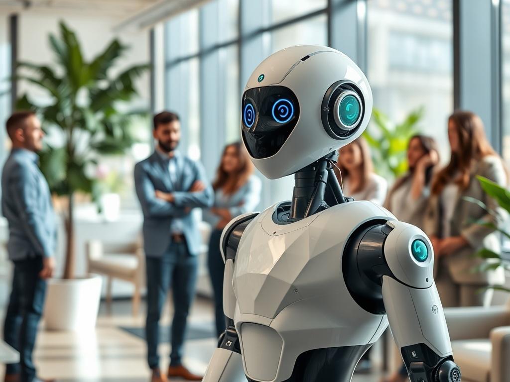 Prompt for AI Image Generator:

Create a realistic high-resolution photo that captures the essence of a blog titled "Why AI Employees Are the New Trend." The image should feature a single AI employee represented by a humanoid robot with a friendly, approachable design. The robot should be shown standing confidently in a modern office environment, engaging with a diverse group of professionals in the background who are watching with interest.

The composition should be simple and clear, with the robot as the