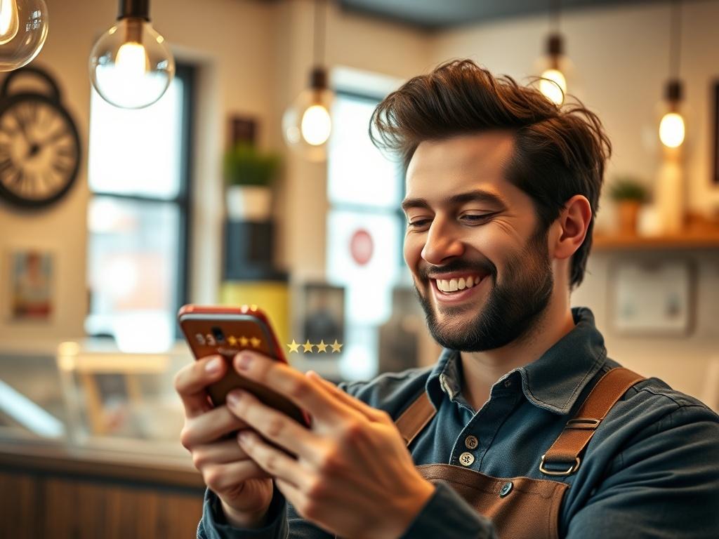 A hyper-realistic close-up shot of a smiling business owner looking at a mobile phone displaying 5-star Google reviews. The background is a cozy local business setting, with warm lighting and inviting decor. The focus is on the owner's joyful expression, showcasing satisfaction and success. Use a 45mm f/1.2 lens style to achieve a blurred background effect, emphasizing the owner and the phone.