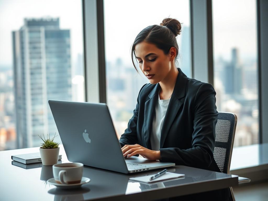 Create a realistic high-resolution photo that visually represents the theme of a blog post titled "How AI Automation Can Improve Your Workflow Ten Fold." The composition should be simple and clear, featuring a single subject: a professional-looking person working diligently in a modern office environment.

The subject should be a woman in her 30s, wearing business-casual attire, sitting at a sleek desk with a laptop open in front of her. She should have an expression of focused concentration as she interact