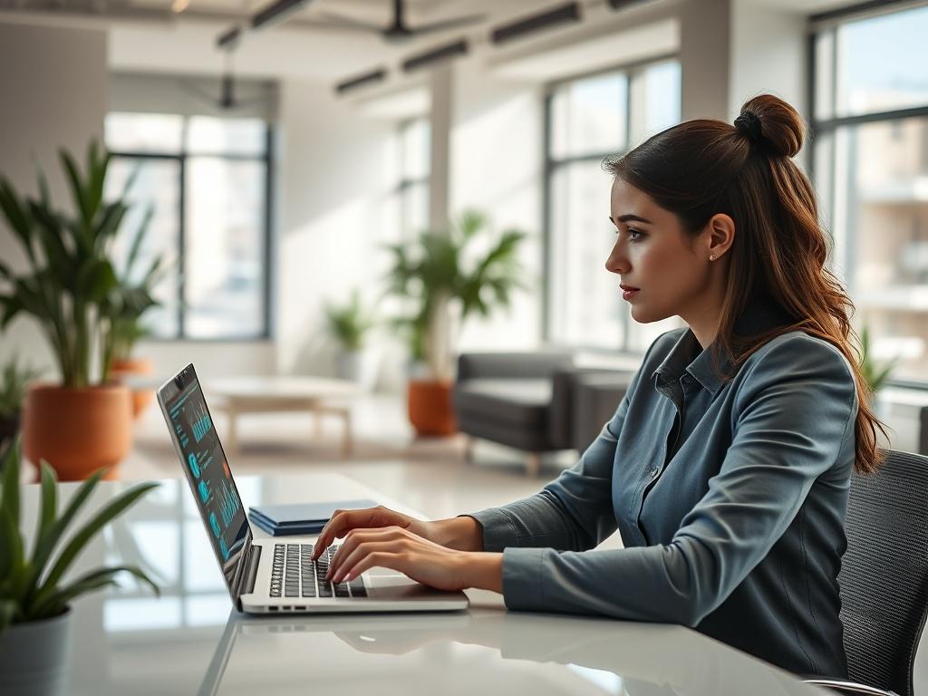 Create a realistic high-resolution photo that embodies the essence of a blog post titled "Is Your Business Missing Business Because It Lacks AI Agents?". The image should feature a single subject: a professional woman seated at a sleek, modern desk in a contemporary office environment. She should be gazing thoughtfully at an AI interface displayed on her laptop screen, which subtly shows visual elements like graphs, analytics, or digital assistants to imply the integration of AI in her business.

The backgr