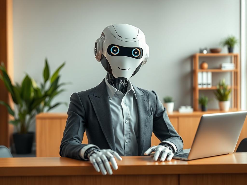 Create a realistic high-resolution photo of a professional and approachable AI receptionist character, depicted as a humanoid robot. The AI receptionist should have a sleek, modern design with a friendly face, featuring expressive, intelligent eyes. Dress the robot in stylish business attire, such as a tailored blazer and crisp shirt, exuding professionalism. 

The composition should be simple and clear, focusing solely on the AI receptionist as the central subject. Position the robot at a reception desk, w