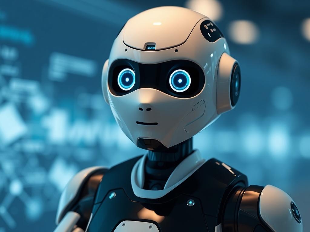 Create a highly realistic, high-resolution photo that captures the essence of a blog titled "Everything You Need To Know About AI Agents." The composition should be simple and focus on a single subject: a professional-looking AI assistant in the form of a sleek, futuristic robot. The robot should have a friendly, approachable face, showcasing bright, expressive eyes and a smooth body design that suggests advanced technology. 

Position the robot in the center of the image, slightly tilted to engage the view