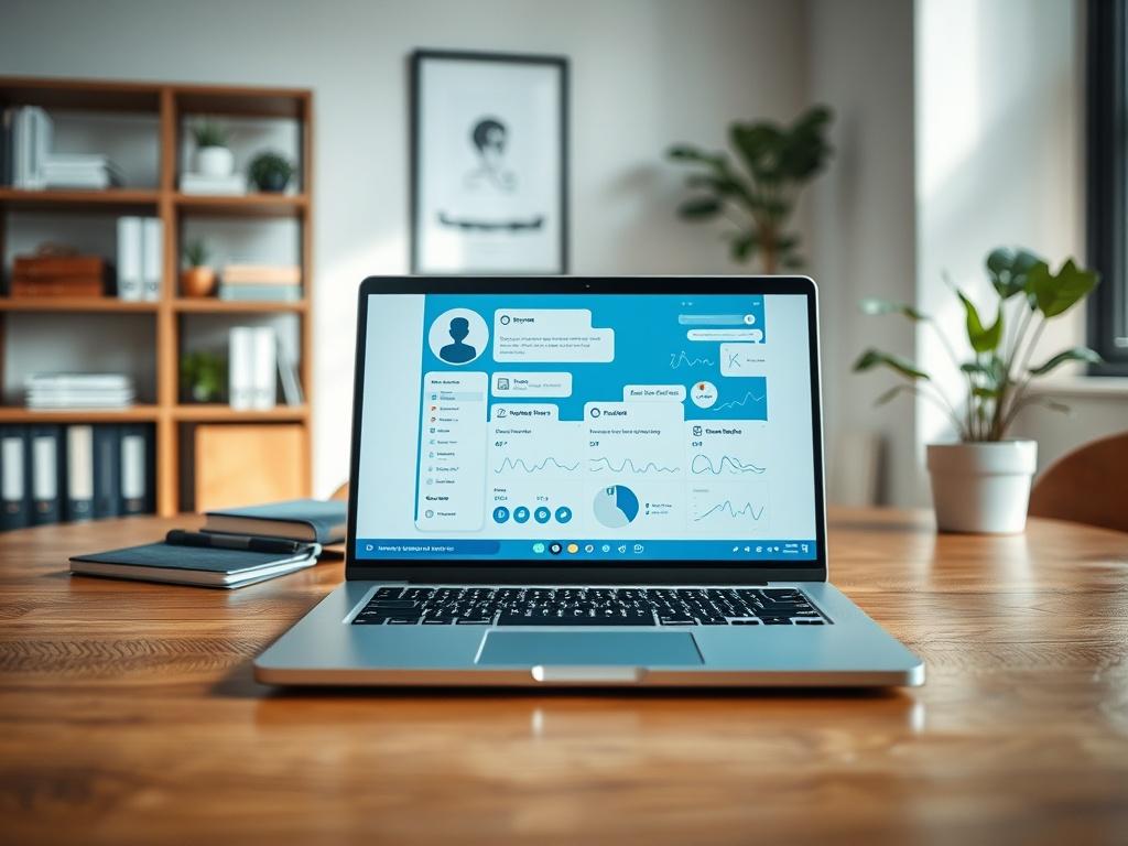 Create a realistic high-resolution photo featuring a single AI agent represented by an advanced chatbot interface displayed on a sleek laptop screen. The subject should be prominently centered in the frame, capturing the essence of AI technology and customer engagement. The laptop should be placed on a modern wooden desk, reflecting a professional workspace.

In the background, softly blurred elements should suggest an office environment—such as shelves with business books, a planner, and a potted plant—whi