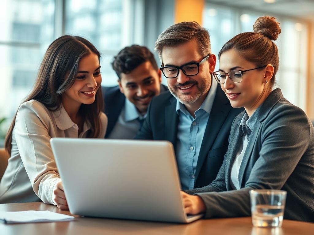 A hyper-realistic close-up shot of a business team discussing AI strategies in a modern office setting. The team consists of diverse individuals, including a male and female, looking at a laptop screen displaying AI analytics. The background is blurred to emphasize the team's collaboration, with warm lighting to create a professional atmosphere. The focus is sharp on the individuals and the laptop screen, conveying innovation and teamwork.