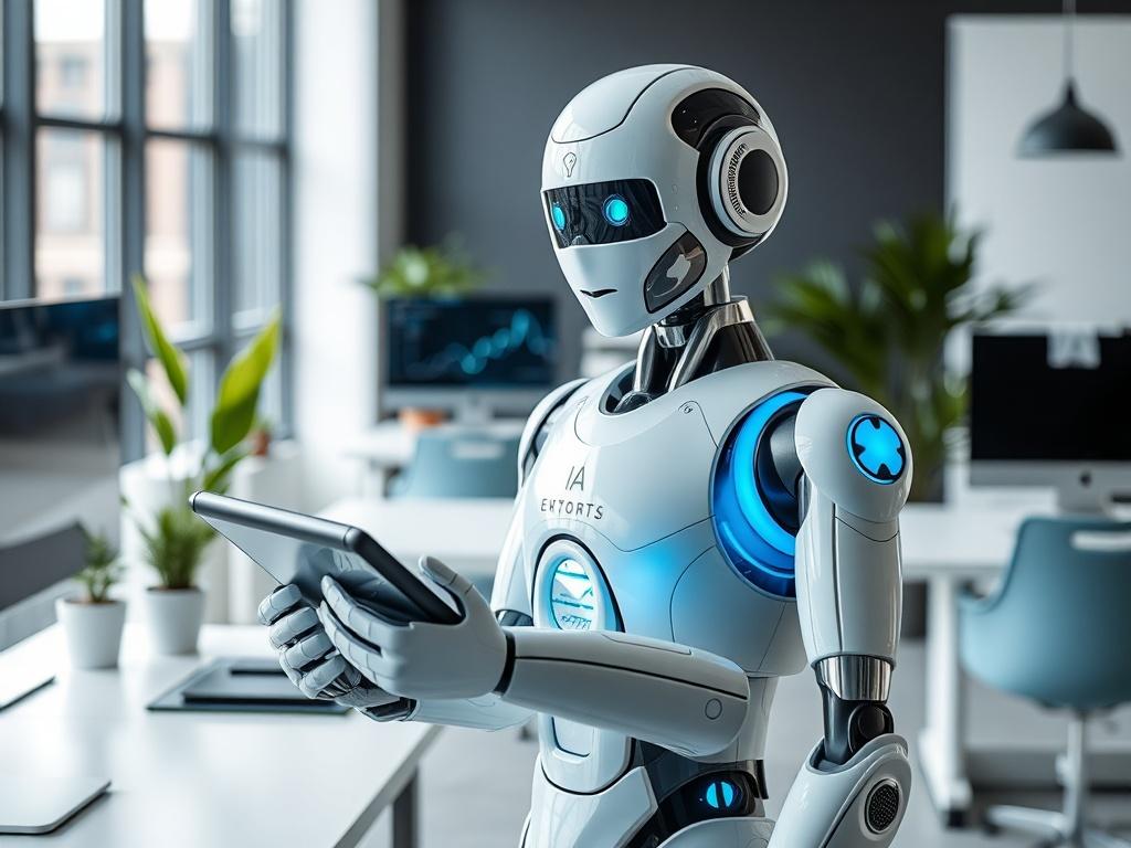 Create a realistic high-resolution photo that captures the essence of "AI Employees To the Rescue." The composition should be simple and clear, focusing on a single subject: an AI employee. 

The AI employee should appear as a humanoid robot with a friendly demeanor, reflecting intelligence and approachability. It should be depicted standing confidently in a modern office environment—think sleek desks, monitors displaying data analytics, and minimalistic decor. 

In the background, include soft, blurred ele