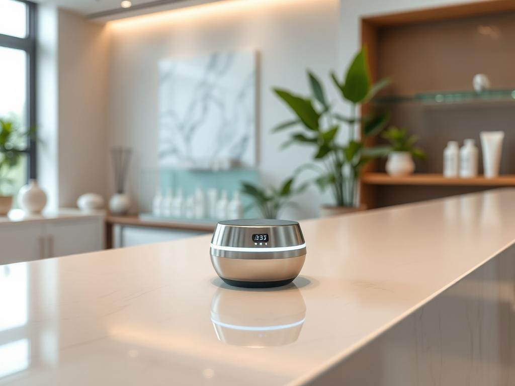 Create a highly realistic, high-resolution close-up image focusing on a sophisticated AI assistant device placed on a sleek, modern reception desk in a Med Spa clinic. The AI device should have a polished metallic finish, with soft blue LED lights glowing softly, indicating it's actively assisting. In the background, capture hints of the calming Med Spa environment, including soft, natural colors on the walls, lush indoor plants, and luxury skincare products on display. The lighting should be warm and invit