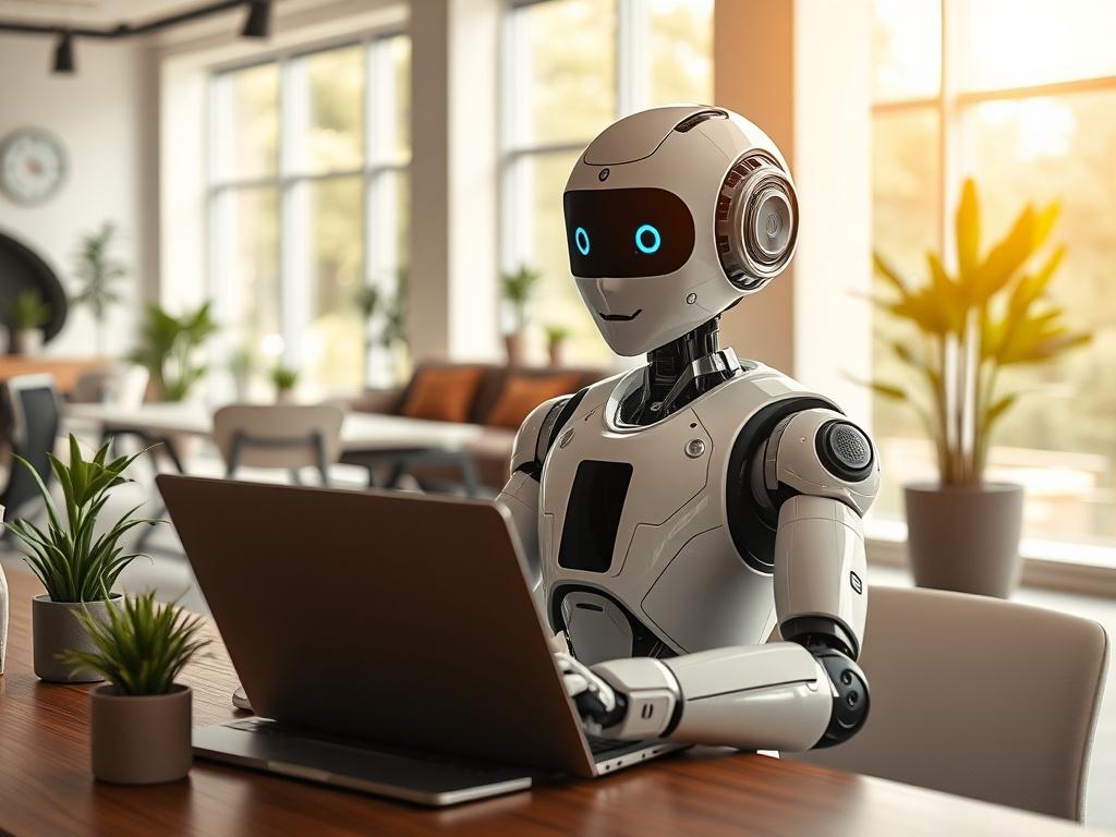 Create a realistic high-resolution photo that illustrates the concept of automation with AI agents. The composition should be simple, focusing on a single, central subject: a professional-looking AI assistant at a modern desk. The AI assistant should be represented by a sleek, humanoid robot with a friendly demeanor, interacting with a laptop that displays data analytics and automation tools.

The background should be a bright and inviting office environment, featuring clean lines, minimalistic furniture, a