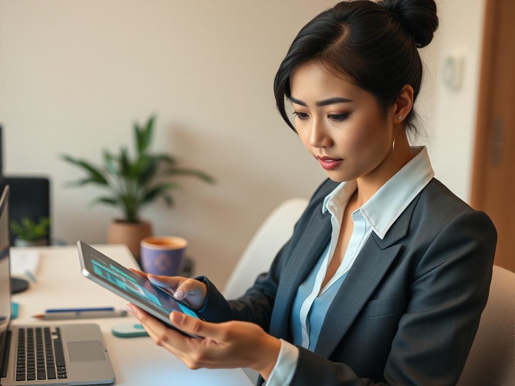 **AI Image Generation Prompt:**

Create a realistic high-resolution photo that encapsulates the essence of a blog post titled "Is AI Automation Right for Your Business." The image should feature a close-up shot of a smart-looking, diverse business professional—an Asian woman in her mid-30s, dressed in a smart casual outfit, intently analyzing a futuristic tablet. Her expression should reflect curiosity and contemplation as she examines data and graphics that represent AI automation solutions. 

The backgrou