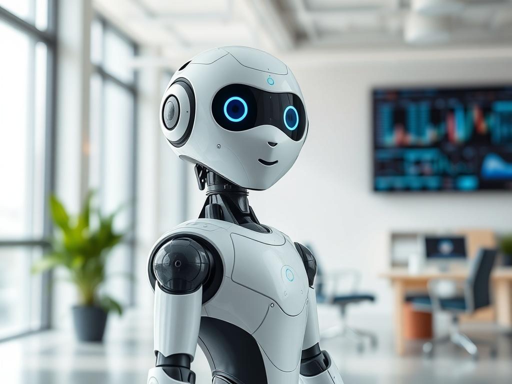 **Prompt for AI Image Generator:**

Create a realistic high-resolution photo that visually captures the essence of a blog post titled 'Let AI Agents Do the Heavy Lifting for You.' The focal point of the image should be a modern, sleek AI robot or assistant—portrayed in an engaging, approachable manner—standing upright in a light-filled, contemporary office setting. 

The background should be softly blurred to ensure the subject stands out, with elements that convey a high-tech environment, such as digital s