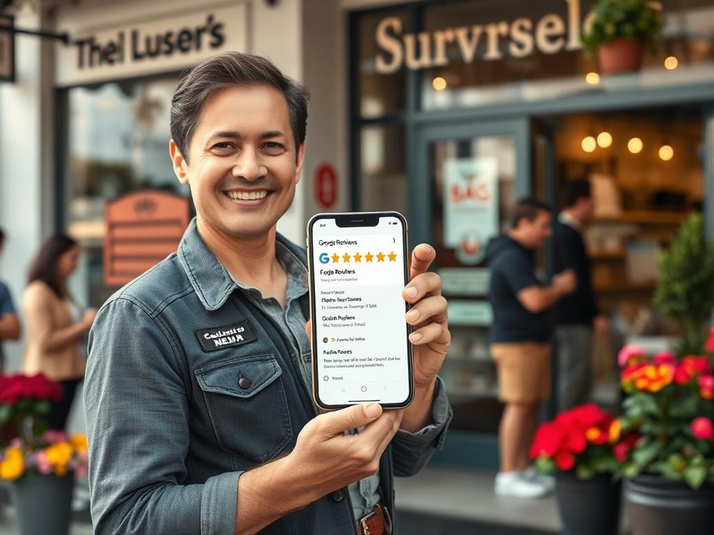Create a realistic, high-resolution photo featuring a confident local business owner standing proudly in front of their store, which is bustling with happy customers. The owner should be mid-30s, wearing a casual yet professional outfit, and smiling as they hold a smartphone displaying a five-star Google Reviews page. The background should include a well-kept storefront with clear signage, colorful flowers in pots, and a few customers engaging positively with the business. Use natural lighting to create a w