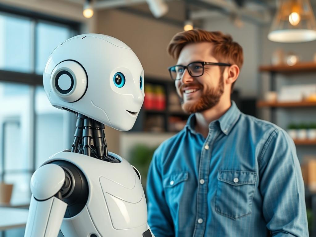 **Prompt for AI Image Generator:**

Create a highly detailed, realistic high-resolution photo that visually represents the theme of a blog post titled "The AI Agent Revolution Is Taking Over Local Businesses Everywhere." The composition should be simple and clear, focusing on a single subject. 

The main subject should be a friendly, professional-looking AI chatbot or virtual assistant depicted as a humanoid figure with soft features, standing in a modern, approachable office setting. The AI should be inter