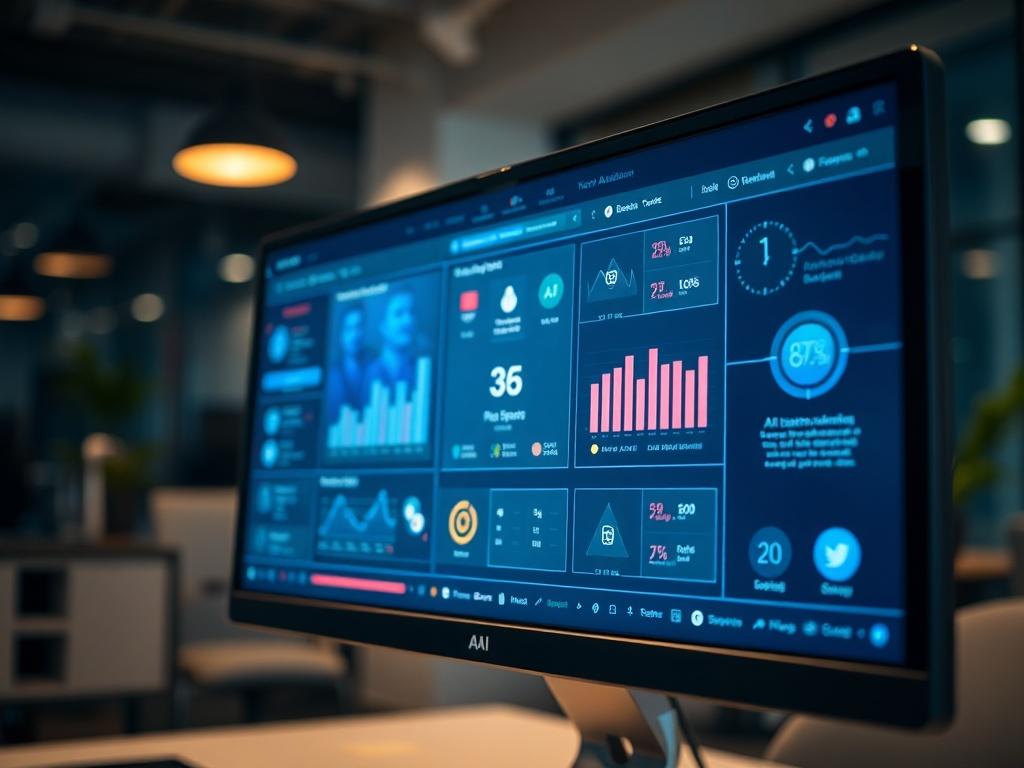 A hyper-realistic close-up shot of an AI assistant interface on a computer screen, showcasing vibrant graphics and user-friendly design. The background features a modern office setting with soft lighting to emphasize professionalism and innovation. The image should evoke a sense of efficiency and cutting-edge technology.
