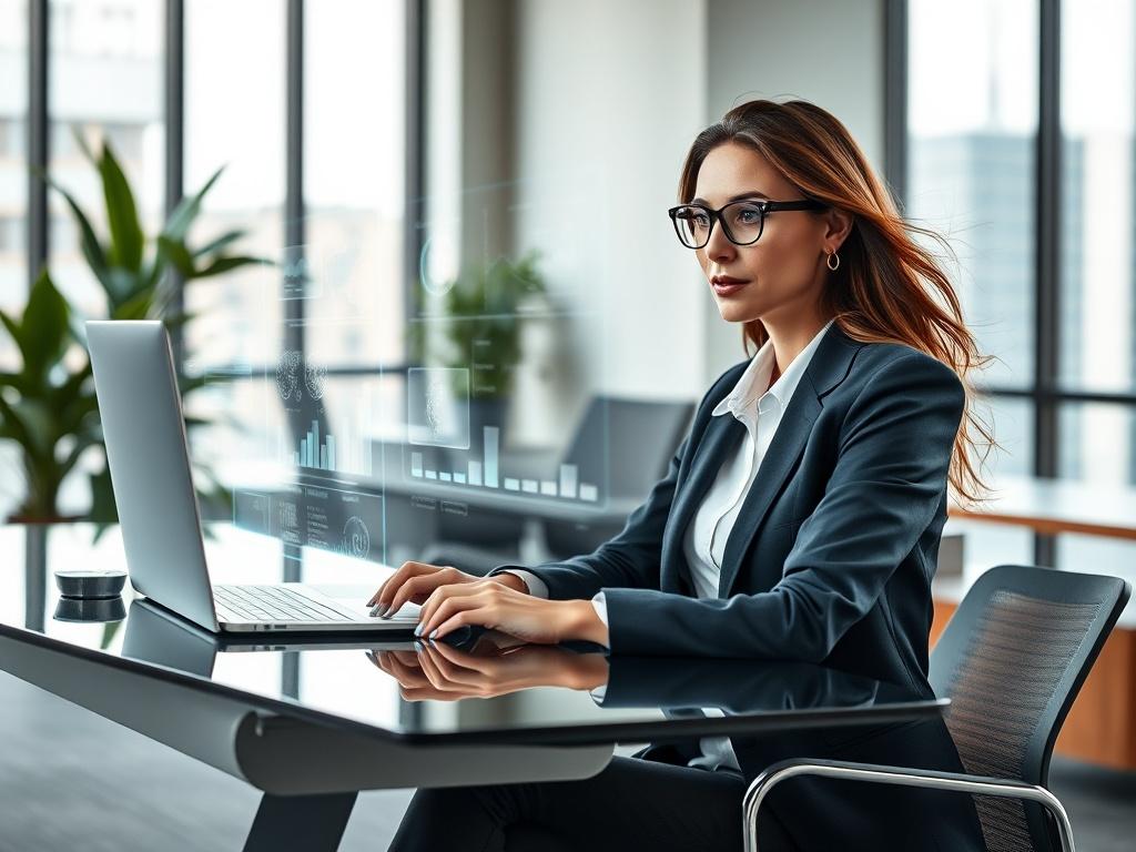 Create a realistic high-resolution photo featuring a professional businesswoman sitting at a sleek, modern desk in an office setting. She should be engaged in a dynamic conversation with an AI assistant projected as a holographic interface emanating from the desk. The holographic AI should show visual representations of data insights and analytics, symbolizing transformation and efficiency. The businesswoman should have a look of intrigue and focus, dressed in smart-casual attire, with flowing hair and glas
