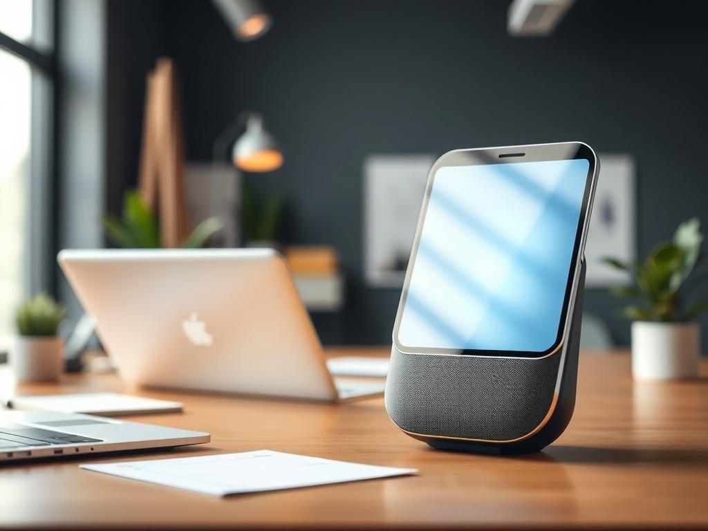 Create a realistic, high-resolution photo that embodies the theme of "AI Agents Lead Leads To You." The image should feature a single, focused subject: a sleek, modern AI assistant device, resembling a smart speaker or an advanced tablet, prominently displayed at the center of the composition. The device should showcase a glowing interface, symbolizing its intelligent capabilities, with soft light emanating from the screen to suggest an active engagement in the lead generation process.

In the background, i