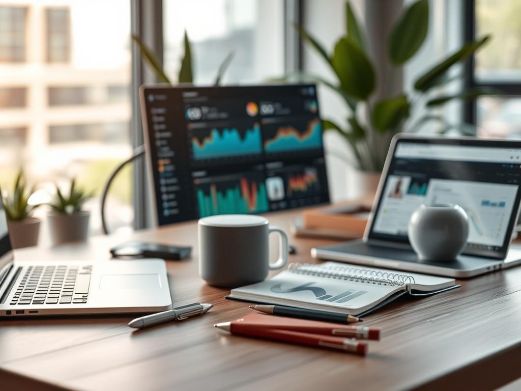 **Prompt for AI Image Generator:**

Create a hyper-realistic high-resolution image showcasing a modern workspace that perfectly encapsulates the essence of AI automation enhancing productivity. 

**Composition:** 
The image should focus on a single subject – a sleek, futuristic workstation equipped with advanced technology such as an AI assistant device (similar to a smart speaker) prominently placed on the desk. 

**Subject Matter:**
Highlight the AI device with soft, ambient lighting that accentuates its 