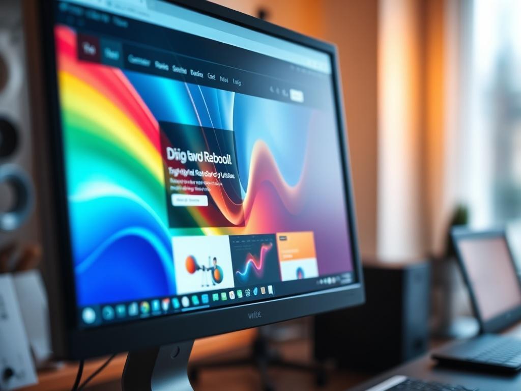 A hyper-realistic close-up shot of a computer screen displaying a beautifully designed website interface, showcasing vibrant colors and modern design elements. The background should be softly blurred to emphasize the screen, while the lighting is warm and inviting, highlighting the details of the web design. The image should evoke a sense of innovation and professionalism, focusing solely on the computer screen as the subject.