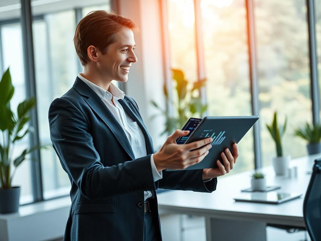 Prompt for AI Image Generation:

Create a realistic high-resolution photo that captures the essence of a blog titled "What AI Automation Can Do for Your Business." The composition should focus on a single subject: a confident business professional, either male or female, engaged in a dynamic discussion with a tablet in hand, showcasing data analytics or automation insights displayed on the screen. 

The subject should have a friendly and approachable demeanor, dressed in modern business attire, suggesting p