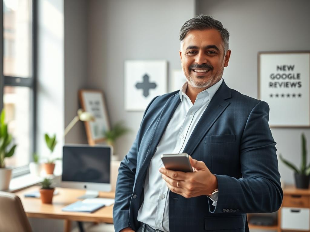 Create a highly realistic, high-resolution photo that captures the essence of a blog titled "4X Sales with Google Reviews." The composition should feature a confident business owner standing proud in a well-lit, modern office space. The subject should be a middle-aged Hispanic man, dressed in a sharp, professional outfit composed of a white dress shirt and navy blazer, displaying a broad smile that conveys satisfaction and success. 

In his hand, he is holding a smartphone, looking at a screen displaying a 