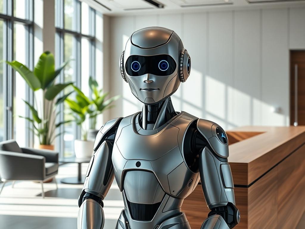**AI Image Generation Prompt:**

Create a realistic high-resolution photo of a sleek, modern office reception area. The composition should feature a single, friendly AI receptionist represented as a lifelike humanoid robot with a polished, metallic finish and facial recognition capabilities. The robot should be positioned behind a stylish wooden reception desk, embodying professionalism and approachability.

The background should include a minimalist office setting with soft, natural lighting filtering in t
