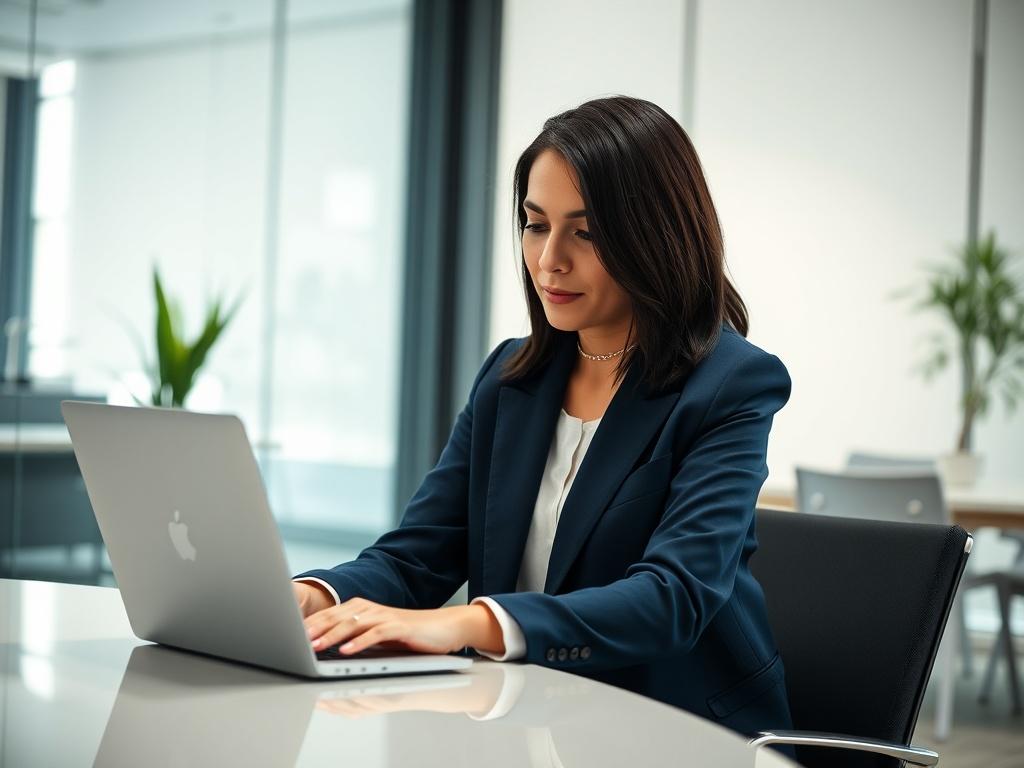 Create a realistic high-resolution photo featuring a business professional, a mid-30s woman with medium-length dark hair, wearing a tailored navy blue blazer and a white blouse, sitting at a sleek, modern desk. The subject should be focused on her laptop screen, visibly engaged as she interacts with an AI assistant on the screen, demonstrating a seamless integration of technology in her work. 

The background should be a softly blurred office setting that conveys a sense of professionalism: think a glass-wa