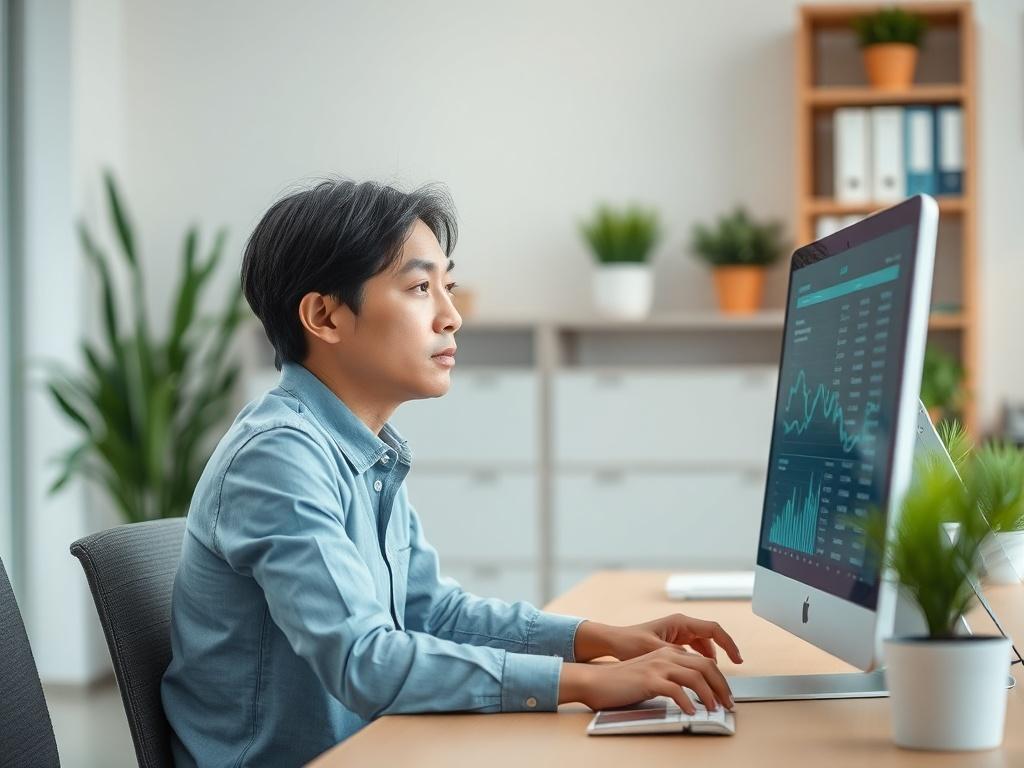 Create a highly realistic, high-resolution close-up image that reflects the theme of a blog post titled "Impact of AI Automation on Small Businesses." The composition should be simple and clear, featuring a single subject: a small business owner of Asian descent, sitting at a modern desk in a well-lit office environment. 

The subject should be focused on a computer screen displaying data analytics related to their business performance, symbolizing the integration of AI automation. They should have a though