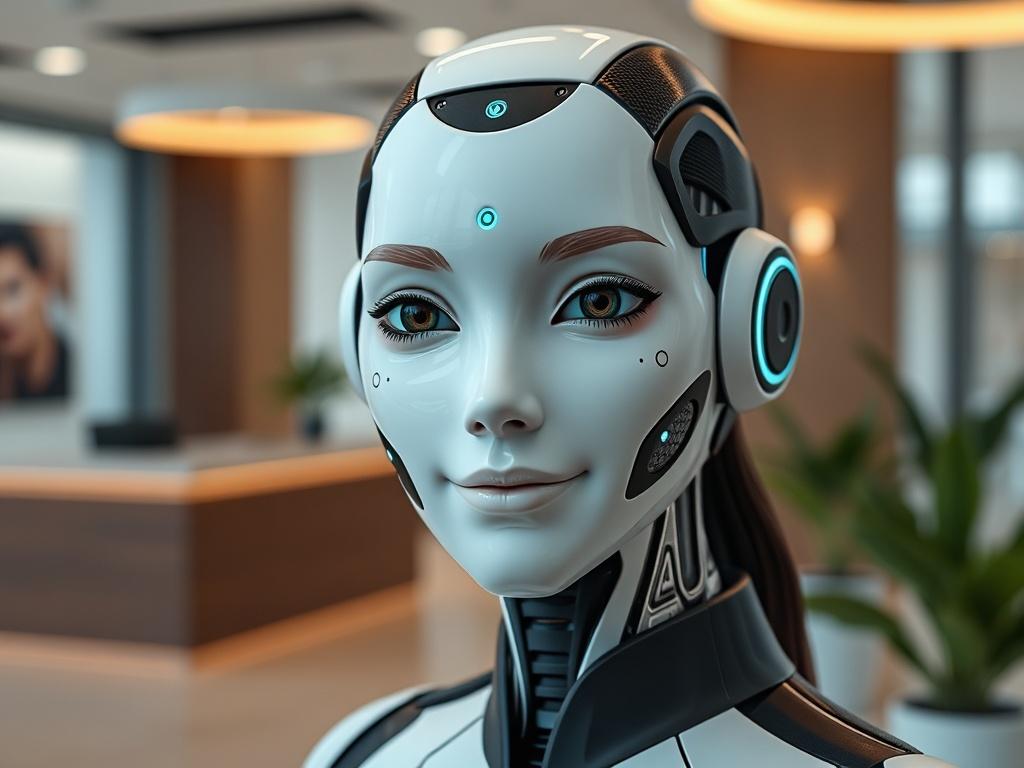 Create a highly realistic, high-resolution image that encapsulates the essence of a blog titled "All It Takes Is 1 AI Receptionist To Boost Sales." The image should focus on a single subject: a sleek, modern AI receptionist in a business setting. 

### Composition:
- **Subject**: The AI receptionist should appear lifelike and humanoid, with a friendly facial expression that conveys approachability and professionalism. Design the character to have a futuristic but relatable appearance, blending human charact