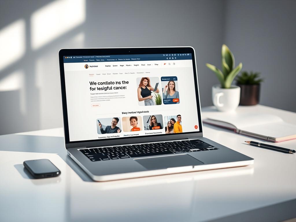 A hyper-realistic close-up shot of a modern laptop displaying a beautifully designed website interface. The laptop is placed on a clean, minimalistic desk with soft natural light illuminating the scene. In the background, there are subtle hints of an office environment, including a stylish plant and a notepad, creating an atmosphere of professionalism and creativity.