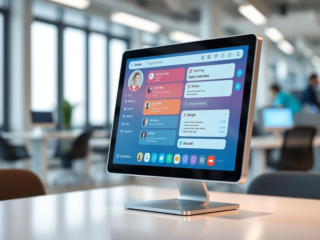 A hyper-realistic close-up shot of a sleek AI receptionist interface displayed on a modern touchscreen device, set against a blurred office background. The device showcases various customer service features like chat options and scheduling tools. The composition should be simple, focusing on the device with a vibrant color palette that includes the primary color rgb(3, 125, 201). The image should evoke a sense of innovation and efficiency.