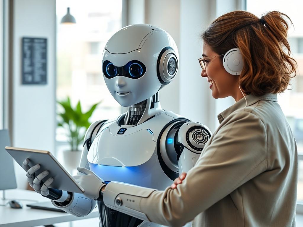 Create a realistic high-resolution photo of a professional-looking AI assistant in a modern office setting, reflecting the theme of "AI Assistants Are Revolutionizing Local Businesses Worldwide." The composition should be simple and clear, centering on a humanoid robot assistant with a sleek, friendly design. The subject should be depicted interacting with a small business owner, showcasing a collaborative moment—perhaps the robot is displaying data on a digital screen while the owner attentively observes.
