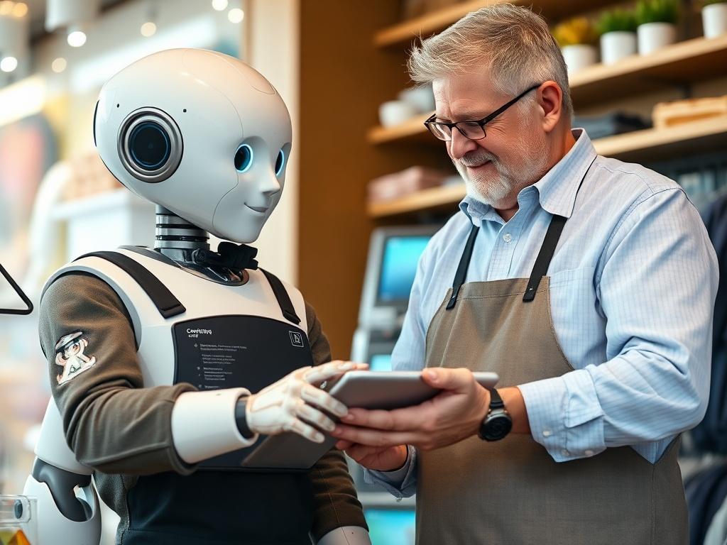 **Prompt for AI Image Generator:**

Create a hyper-realistic, high-resolution photograph that reflects the essence of a blog titled "AI Agents Are Revolutionizing Local Businesses Worldwide." 

**Composition:** 
- Focus on a single subject: a friendly, professional-looking AI Assistant (a humanoid robot or a sleek digital interface on a tablet) actively engaging with a local business owner in a vibrant retail setting.
- The business owner, a middle-aged individual with a welcoming demeanor, should be intera