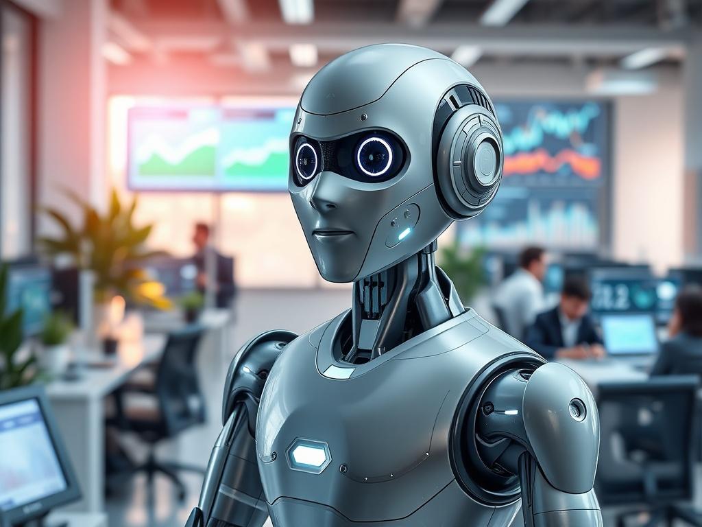 Create a highly detailed, realistic high-resolution photo for a blog post titled "AI Employees To the Rescue." The image should feature a single subject: a friendly and professional-looking AI robot with humanoid features, standing confidently in a modern office environment. The robot should have a sleek, metallic design with soft LED lights that give it a welcoming appearance. 

The composition should highlight the robot in the foreground, occupying the center of the image, while the background suggests a 