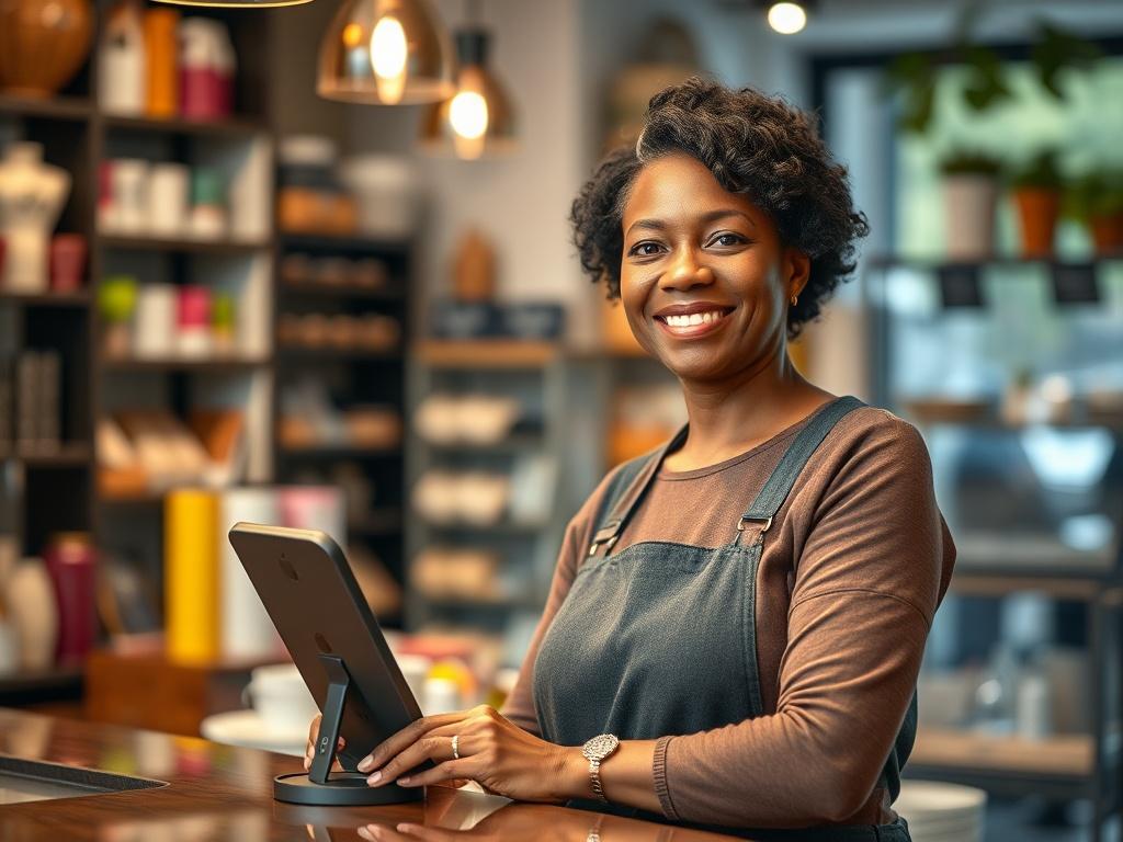 **Prompt for AI Image Generation:**

Create a realistic high-resolution photo of a small business owner standing proudly in their shop, showcasing their engagement with AI technology. The subject should be a middle-aged individual—a Black woman—smiling as she interacts with a sleek, modern AI assistant device on the counter nearby. The shop should be vibrant and inviting, perhaps a storefront of a cozy boutique or coffee shop, filled with colorful merchandise and warm lighting.

The composition should focus