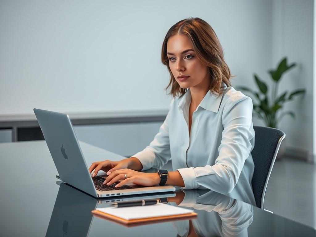 **AI Image Generation Prompt:**

Create a realistic high-resolution photo that encapsulates the theme of "AI Automation Can Fast Track Your Workflow." The image should feature a confident business professional, a woman in her mid-30s, sitting at a sleek modern desk. She is intently working on a laptop with AI-related analytics displayed on the screen. 

Compositionally, focus on the subject centered within the frame, creating a simple and clear visual. The desk should be minimalistic, adorned only with esse