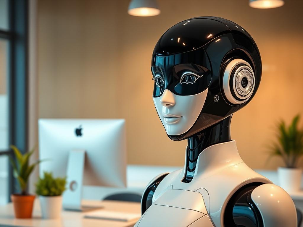 Create a highly detailed, realistic high-resolution photo featuring a modern AI receptionist. The composition should be simple and clear, focusing solely on the AI receptionist as the subject. The AI receptionist should have a sleek, tech-inspired design, showcasing a humanoid form with lifelike features that evoke professionalism and friendliness. 

The background should represent a contemporary small business office environment, subtly blurred to emphasize the receptionist in the foreground. Elements like