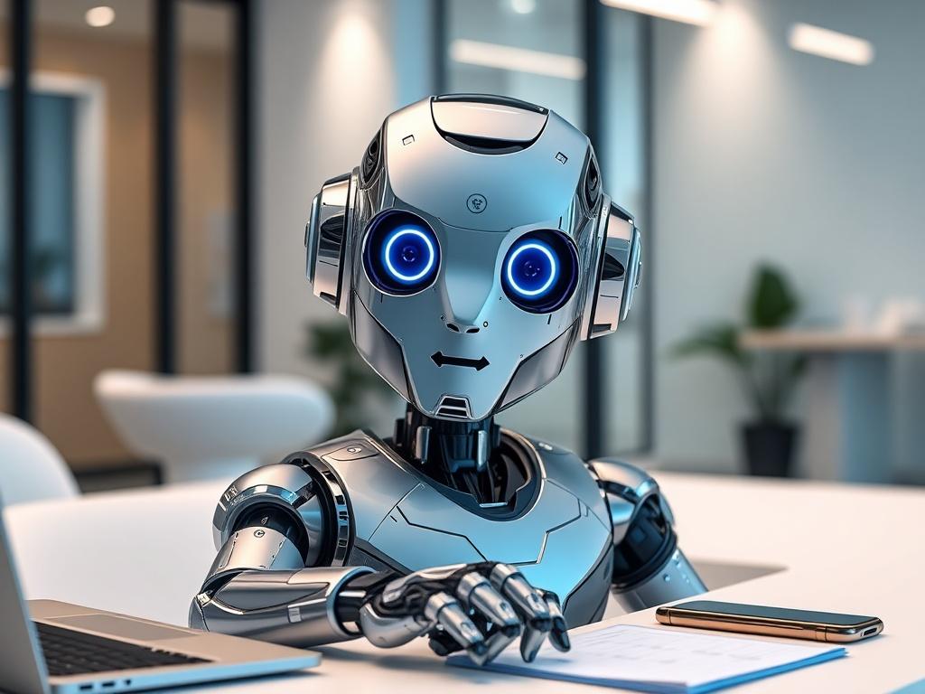**AI Image Generation Prompt**:

Create a hyper-realistic close-up shot of an AI employee in a modern office setting. The subject should be a humanoid robot designed to resemble a friendly and approachable employee, showcasing a blend of tech and warmth. The robot, with sleek metallic features and expressive LED eyes, should be depicted sitting at a contemporary desk. 

The background should feature a clean, minimalist office space with soft, ambient lighting that highlights the innovative atmosphere. Inclu