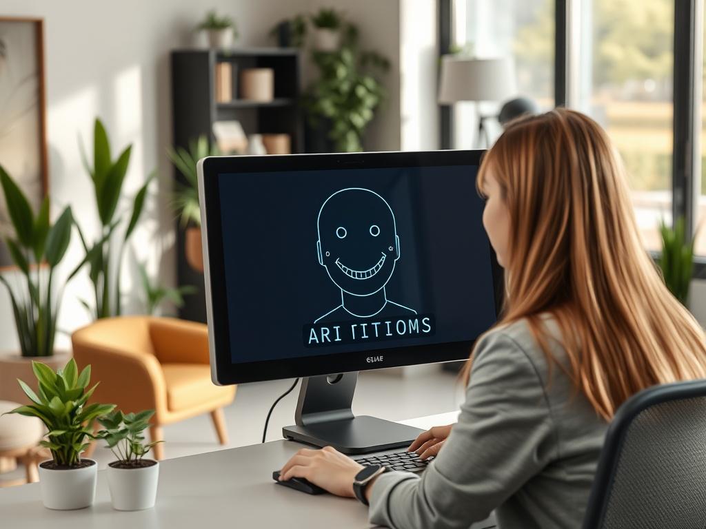 Create a realistic high-resolution photo featuring a single AI receptionist in a modern office environment. The subject should be a sleek, futuristic AI interface displaying friendly facial features on a digital screen, actively engaging with a customer over a computer. The AI should be depicted as having an approachable demeanor, with a friendly smile that conveys warmth and efficiency.

The background should consist of a well-organized, inviting small business setting, such as a cozy reception area with c