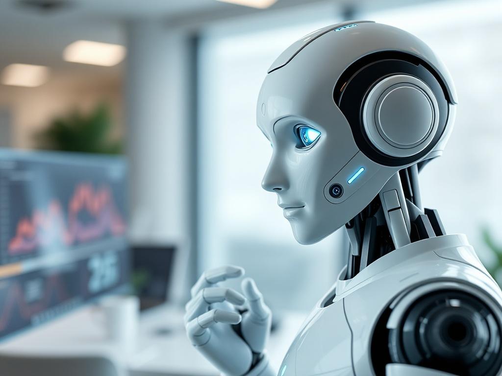 Create a realistic, high-resolution close-up photo featuring a futuristic AI assistant. The subject should be a sleek, humanoid robot with a friendly, approachable design. Its face should display subtle, expressive features to convey a sense of warmth and intelligence. The robot should be positioned slightly off-center, occupying the lower right third of the image, gazing thoughtfully while gently gesturing with one hand, as if ready to assist with automation tasks. 

In the background, depict a modern offi