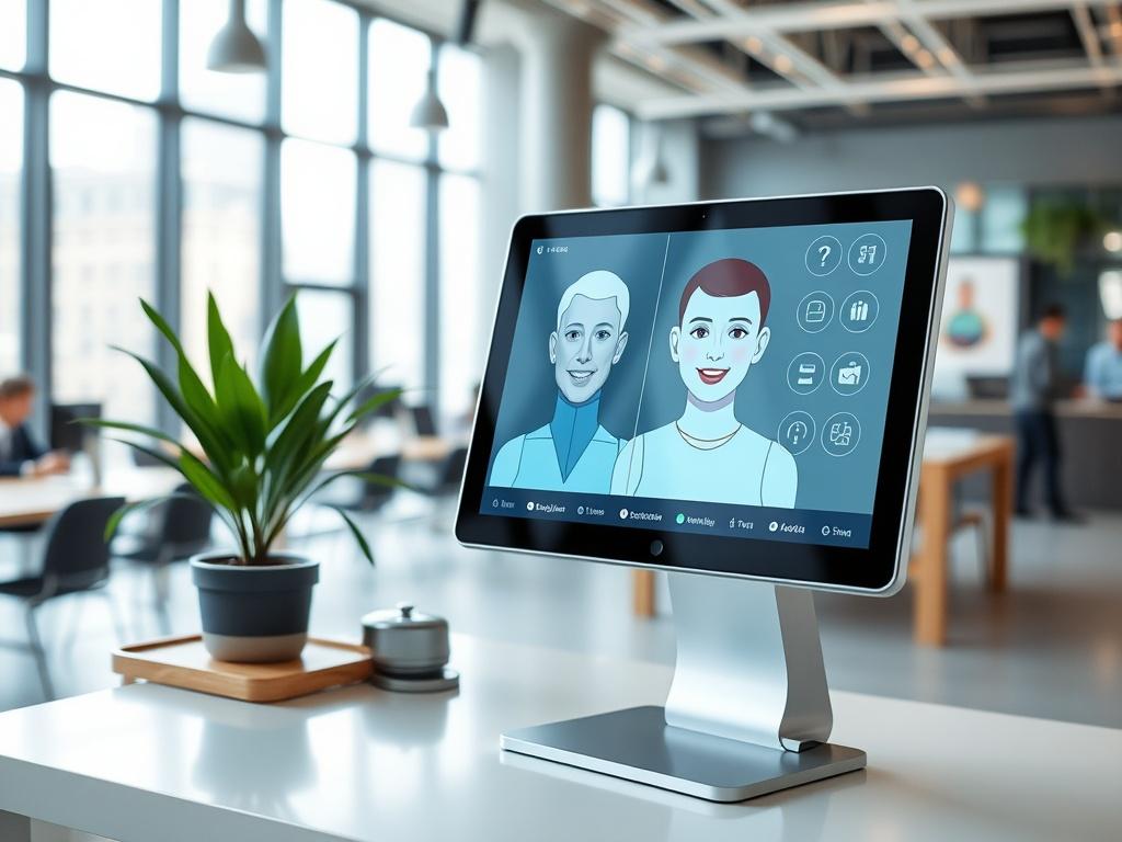 Create a highly realistic, high-resolution photo for a blog titled "Why Local Businesses Are Deploying AI Receptionists Around the Clock." The composition should feature a single AI receptionist in a modern office environment. The subject should be a sleek, futuristic-looking AI interface displayed on a tablet or a monitor, showcasing a friendly digital avatar, possibly with human-like features to convey warmth and approachability.

Position the AI receptionist centrally in the frame, with a soft focus on t