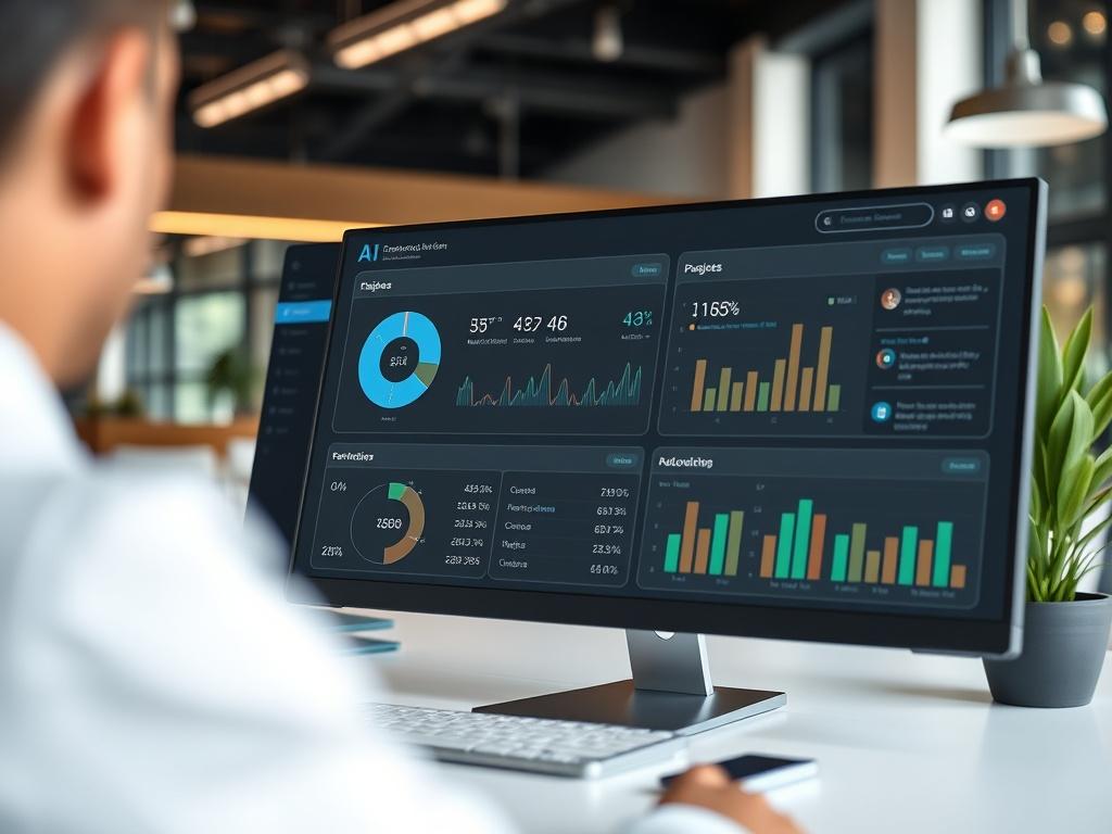 A hyper-realistic close-up shot of a customized AI software dashboard tailored for a specific industry, displaying user-friendly features and options. The background features a clean, professional workspace, highlighting the adaptability of AI technology to various business environments.