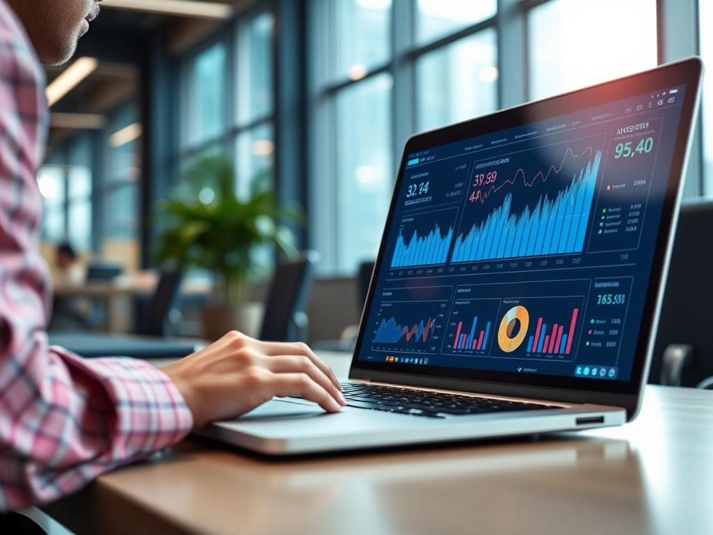 A hyper-realistic close-up shot of an AI assistant in action on a laptop, with graphs and analytics displayed on the screen. The background shows a modern office environment, emphasizing a high-tech atmosphere. The image captures a sense of productivity and innovation with vibrant colors.
