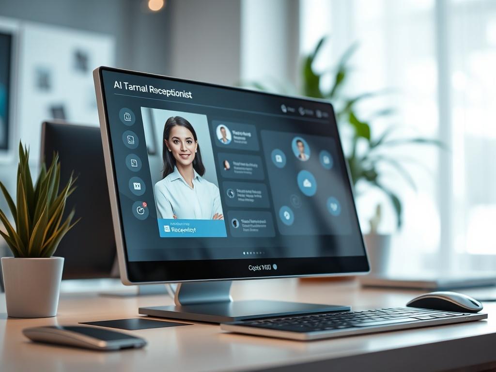 A hyper-realistic close-up shot of a modern AI receptionist interface on a sleek desktop, showing engaging customer interactions with a friendly virtual assistant. The background is softly blurred to emphasize the technology, featuring a clean workspace with subtle touches of blue and white tones to convey professionalism.