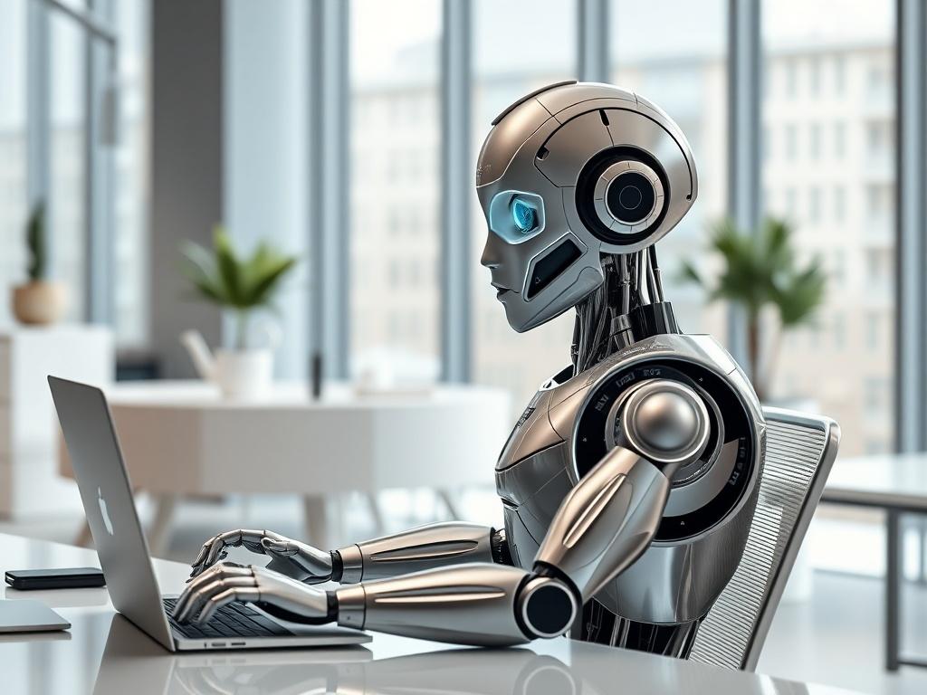 **Prompt for AI Image Generator:**

Create a highly detailed, realistic high-resolution photo that embodies the essence of a blog titled "What Is an AI Employee." 

**Composition:**  
Focus on a centralized single subject, ensuring simplicity and clarity in the arrangement. 

**Subject Matter:**  
Depict a professional-looking humanoid robot seated at a sleek modern desk in an office environment, actively engaged in work. The robot should feature a polished metallic finish, with subtle human-like characteri