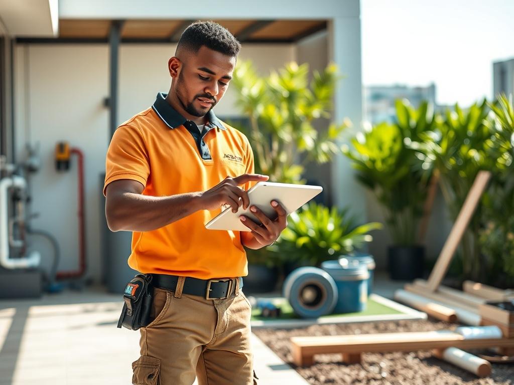 Create a realistic high-resolution photo that captures the essence of AI automation in the plumbing, landscaping, and contracting industries for the year 2025. The composition should be simple and clear, featuring a single subject: a confident, diverse professional—either a plumber, landscaper, or contractor—engaged with a sleek tablet or digital device displaying AI software. 

The person should be wearing modern work attire, such as a branded polo shirt and work boots, exuding professionalism. They should