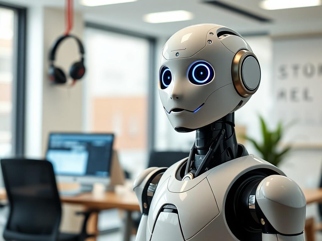 Create a highly realistic high-resolution image that vividly reflects the theme of “AI Employees At Your Customers Beck and Call.” The composition should be simple and clear, featuring a single AI employee, embodied as a humanoid robot, positioned at the forefront of the image. The robot should have an approachable and friendly appearance, with expressive digital eyes and a sleek design that suggests advanced technology.

The background should be a modern, well-lit office space, emphasizing a professional e