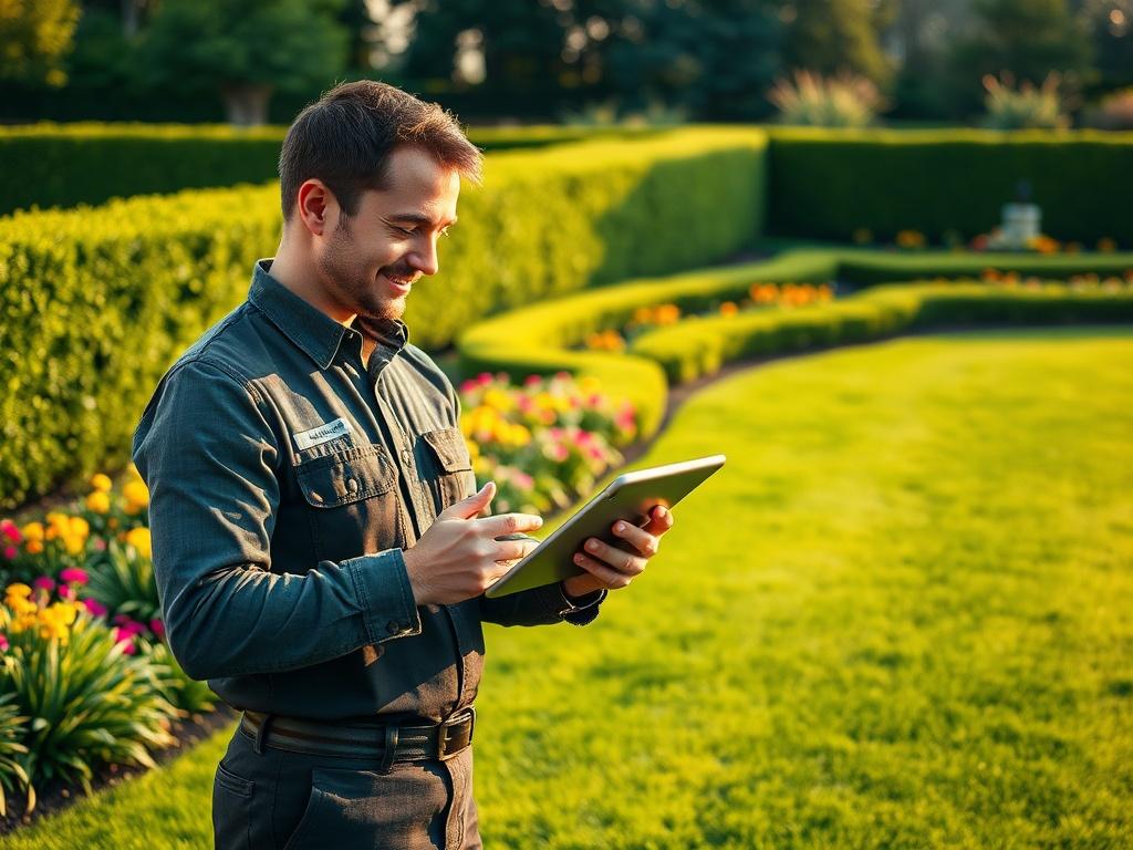 Create a realistic high-resolution image of a professional landscaper interacting with a sleek AI-powered tablet in a beautifully maintained garden. The landscaper should be depicted in the foreground, wearing a smart uniform, with a satisfied expression as they review client feedback on the tablet. Make sure the landscape showcases vibrant green grass, colorful flowering plants, and neatly trimmed hedges in the background, emphasizing the lushness of the garden. The lighting should be warm and inviting, re