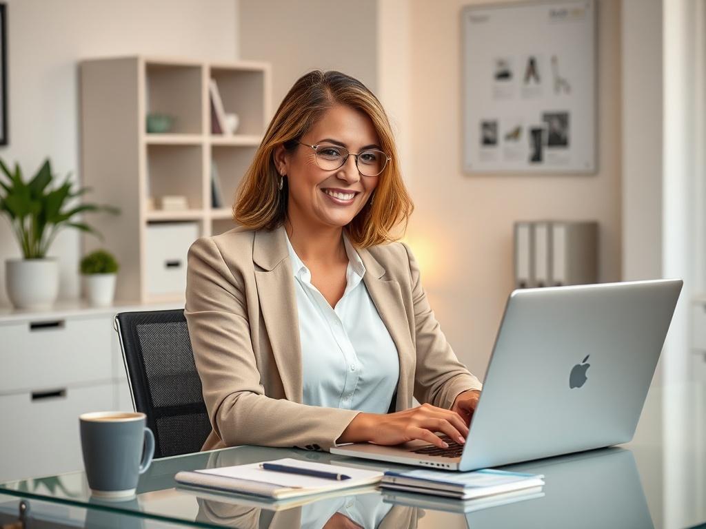 Create a highly realistic, high-resolution photo depicting a local business owner in their office, showcasing the benefits of AI automation on their website. The subject should be a middle-aged Hispanic woman, dressed in professional yet casual attire, sitting confidently at her sleek, modern desk. She is engaging with her laptop, which displays a clear and intuitive AI chatbot interface on the screen.

The composition should be simple and clear, focusing solely on the woman as the central subject. Her expr