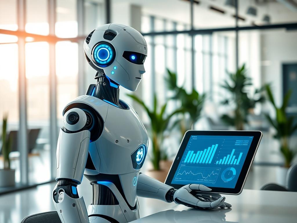 Create a highly realistic, high-resolution image that represents the concept of AI agents generating leads. The image should feature a professional, humanoid robot standing confidently in a modern office environment. The robot should have a sleek, metallic design with soft, glowing blue accents that hint at advanced technology, embodying the theme of artificial intelligence.

The composition should be straightforward, focusing solely on the robot as the subject, positioned slightly off-center to the right. 